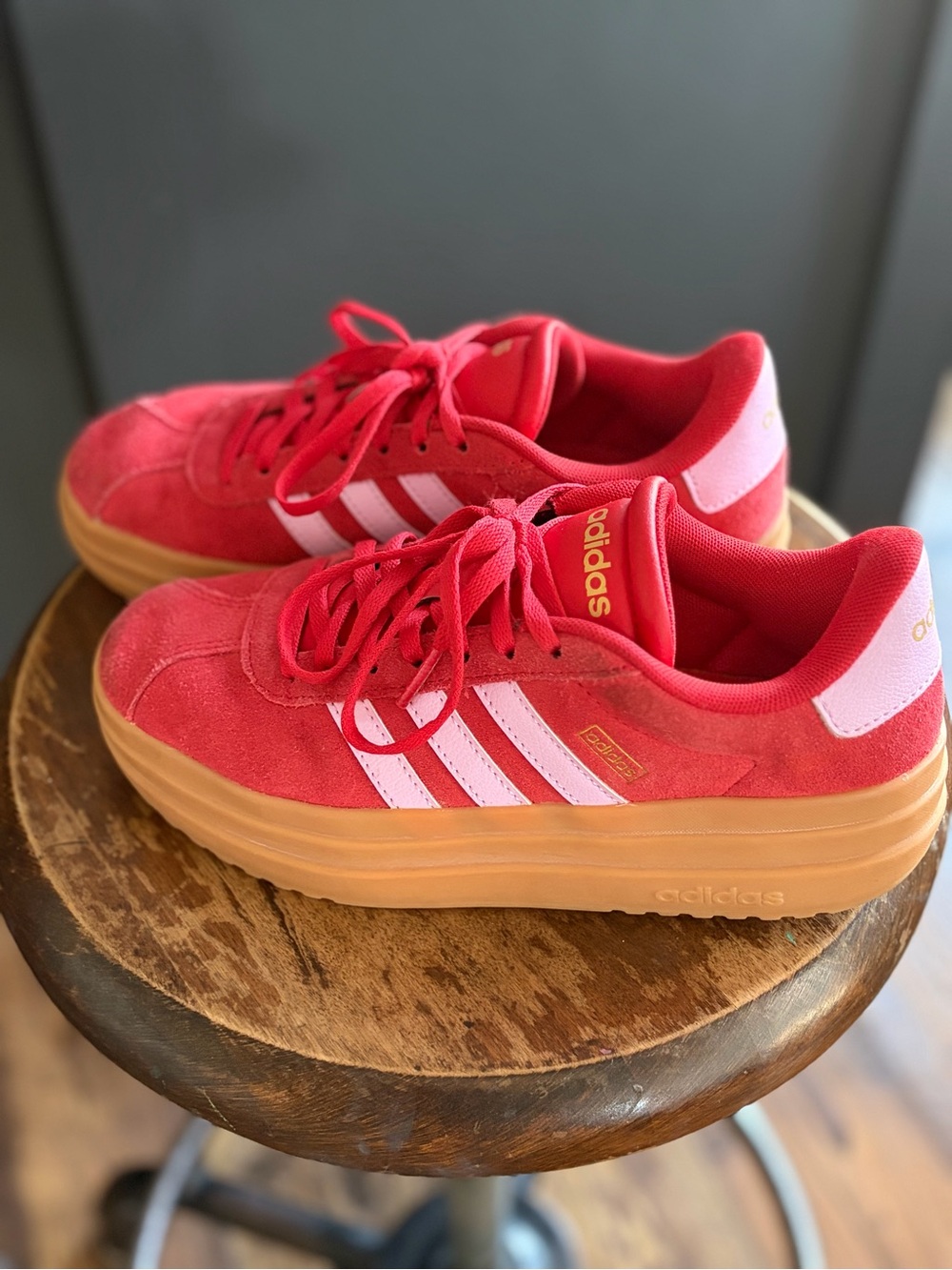 adidas Women’s Pink Suede Platform Sneakers with White Stripes and Gum Sole
